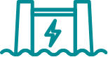 teal icon showing a building with a lightning bolt on it representing energy