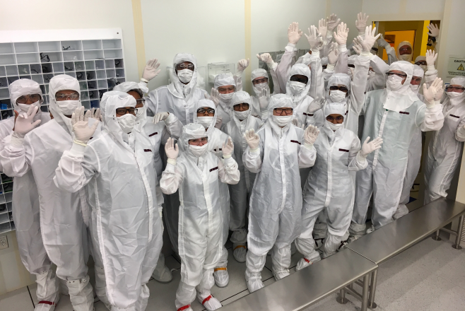 Members of the Research Experiences for Teachers program in the cleanroom at Georgia Tech.