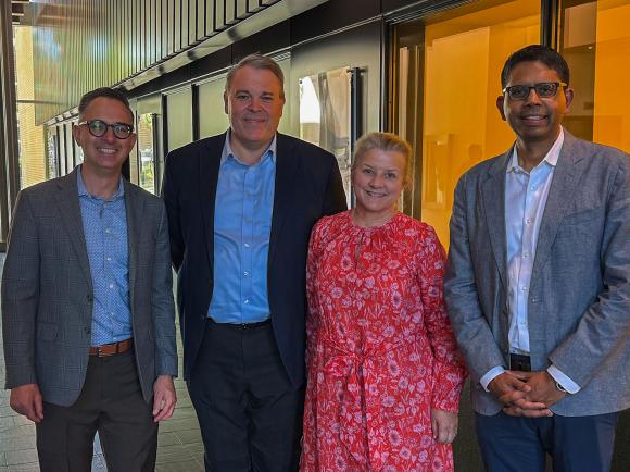 <p>From left: Michael Filler, Eric Vogel, Claudia Brand, and Vijay Narayanan at the Oliver Brand Memorial Lectureship on Electronics and Nanotechnology on Oct. 23. </p> Michael Filler, Eric Vogel, Claudia Brand, and Vijay Narayanan.