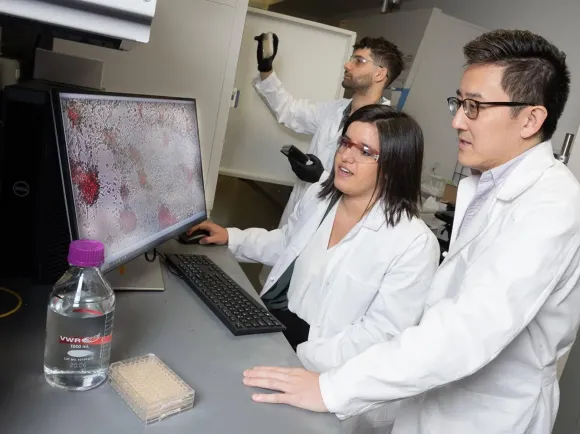 Three Georgia Tech researchers working together in the lab on cancer research
