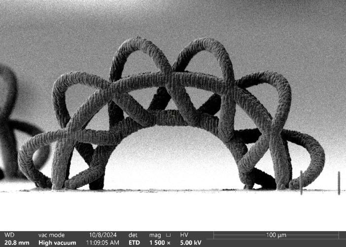 Scanning electron microscope image of a tiny, arch-like structure made of looped, rope-textured material. A scale bar indicates the structure is on the order of 100 micrometers wide.