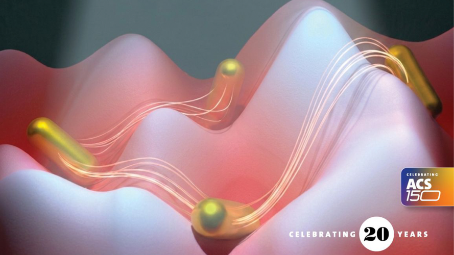 Abstract illustration of gold-colored nanoparticles moving through a soft, undulating pink-and-white landscape, with glowing trails representing anomalous diffusion and interfacial interactions. ACS 150 and “Celebrating 20 Years” logos appear in the lower right corner.