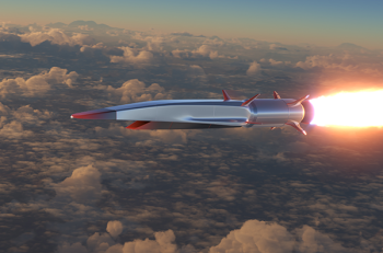 A rocket flying above ground and clouds