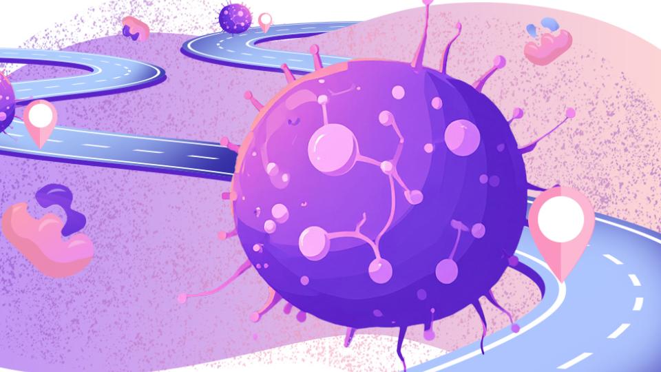 Illustration of cancer cells along a road with location markers next to each cell to represent the cancer "atlas" Gabe Kwong and his collaborators are building.